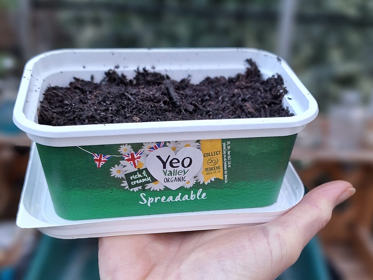 A hand holding a tub of Yeo Valley Spreadable filled with soil