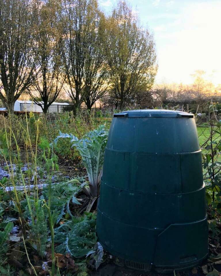 Compost bin in the morning frost